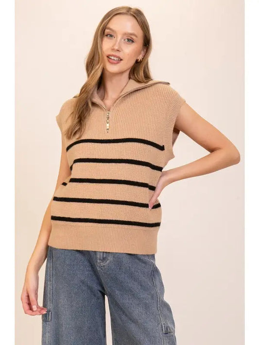 Striped Half-Zip Sweater Vest (Sleeveless Knit Top | Camel/Black)