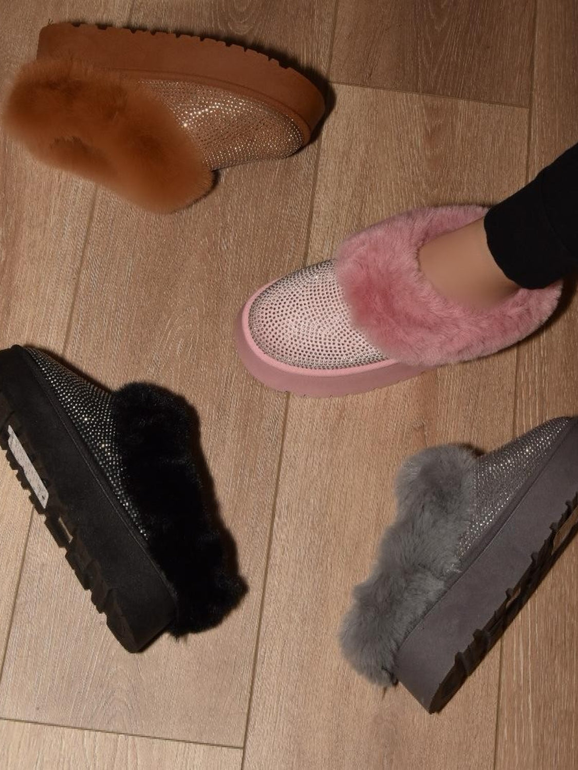 Luxe Rhinestone & Faux Fur Platform Slippers