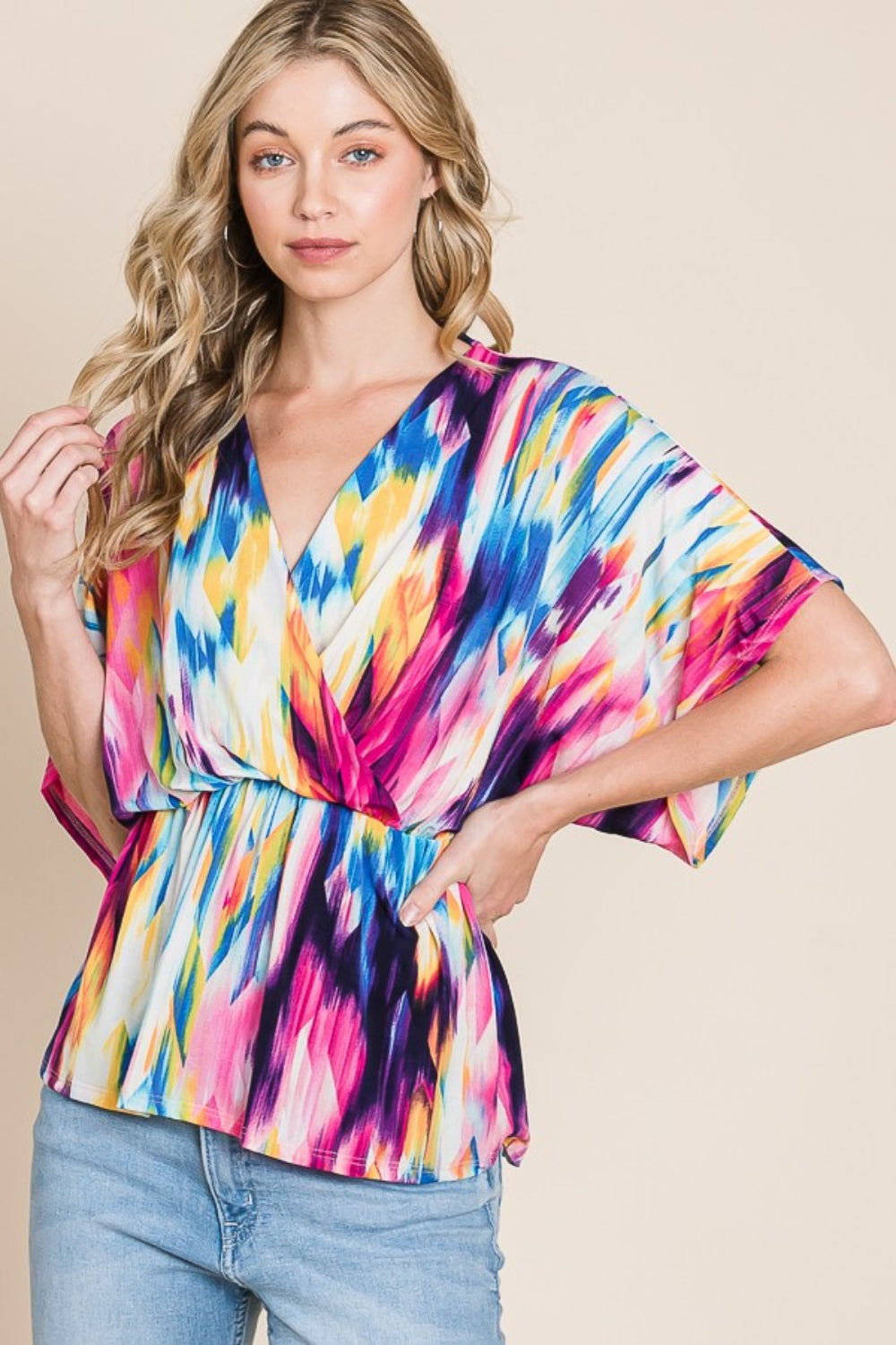 Vibrant Multi-Color V-Neck Blouse – Bold & Beautiful Style