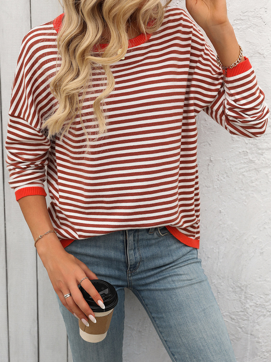 Striped Casual Knit Sweater with Red Trim