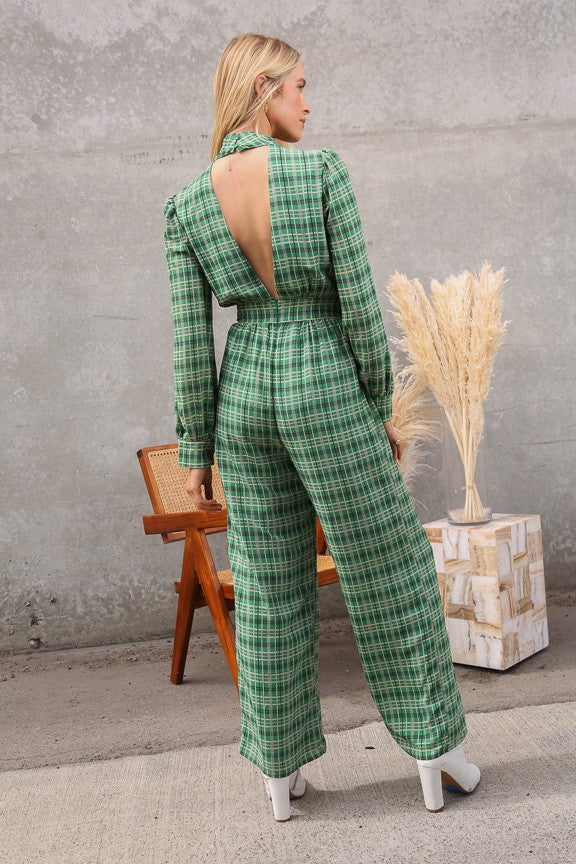 Lumiere Green Plaid Open-Back Wide-Leg Jumpsuit – Brand New
