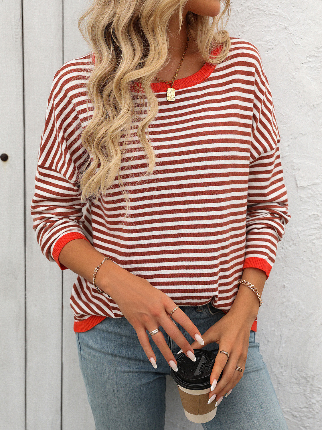 Striped Casual Knit Sweater with Red Trim