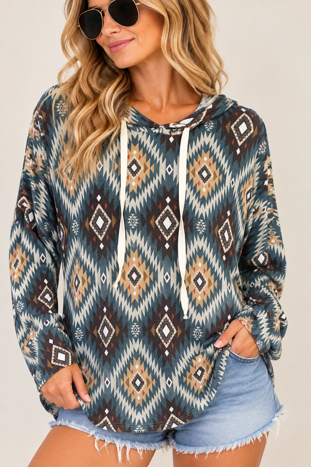 Lovely Melody Teal Aztec Print Hoodie – Size S