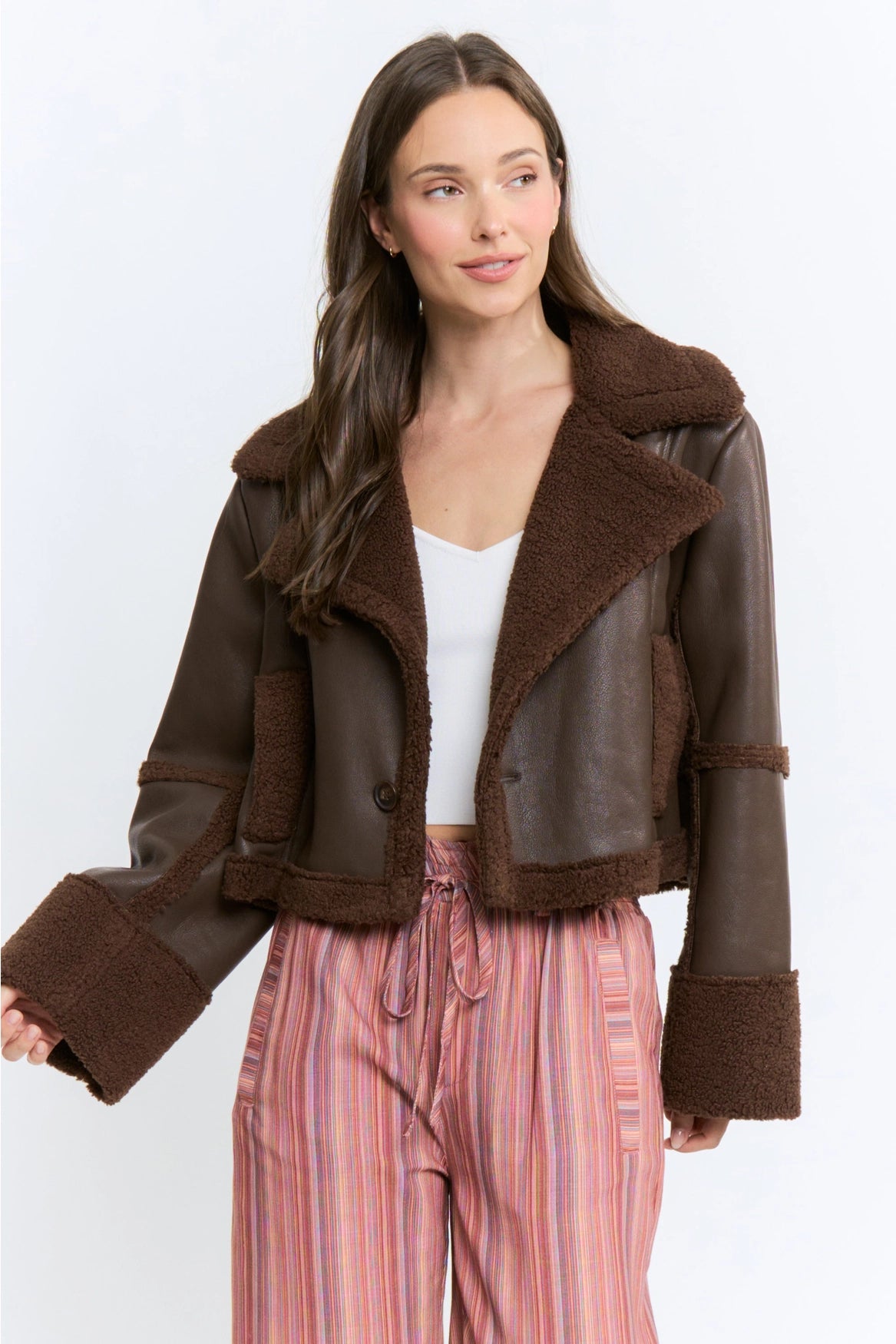 Camellia Luxe Faux Leather & Sherpa Jacket | Chocolate Brown