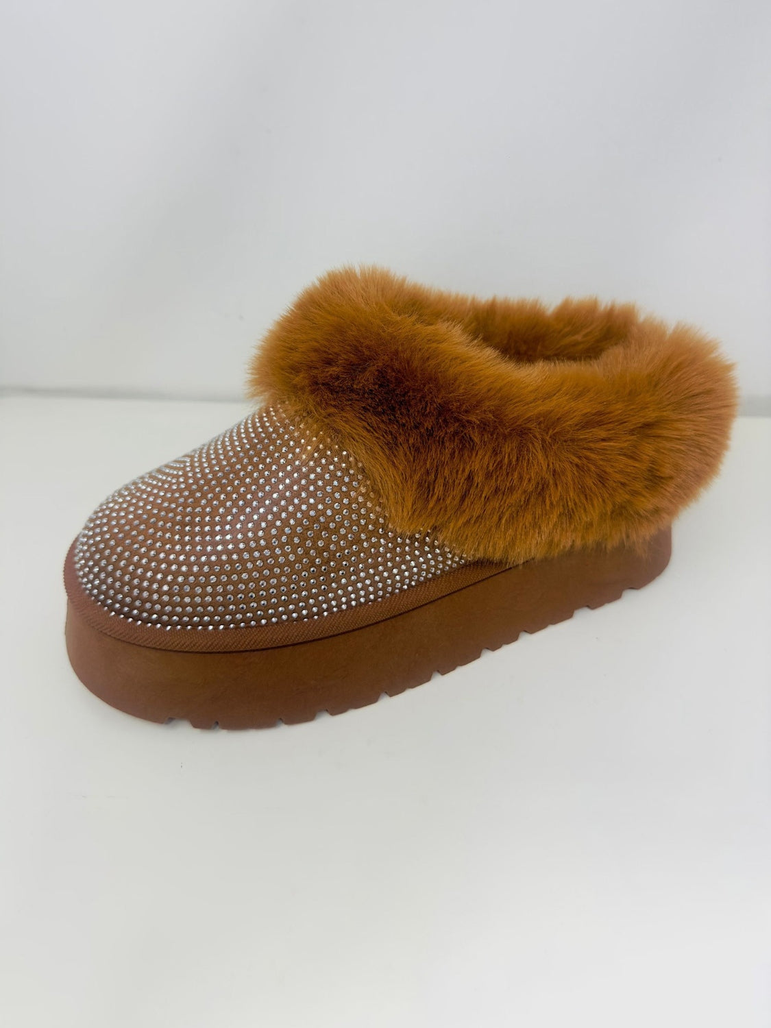 Luxe Rhinestone & Faux Fur Platform Slippers