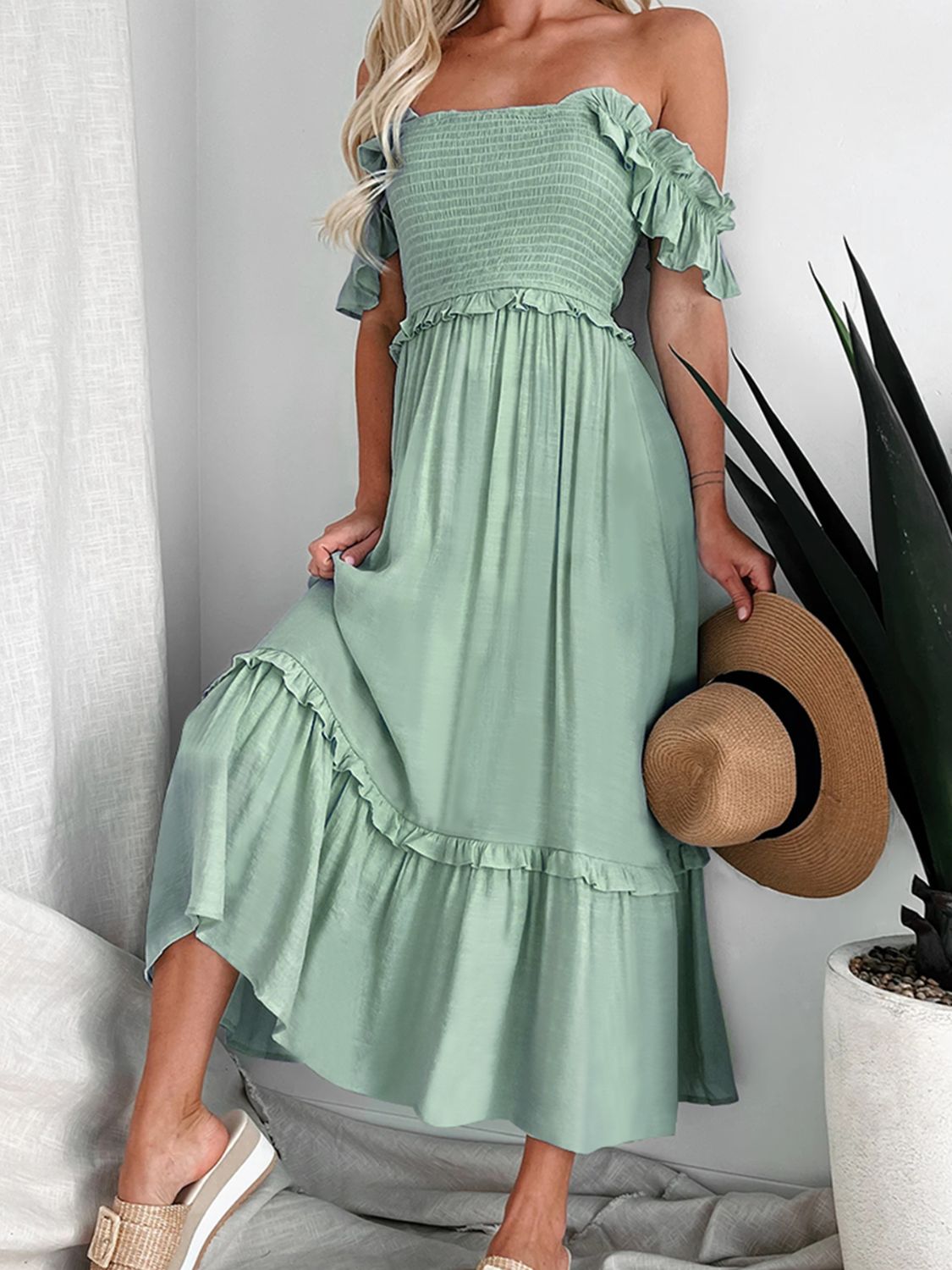Sage Green Off-Shoulder Ruffle Maxi Dress The Jetsetter's Closet Sage Green Off-Shoulder Ruffle Maxi Dress The Jetsetter's Closet