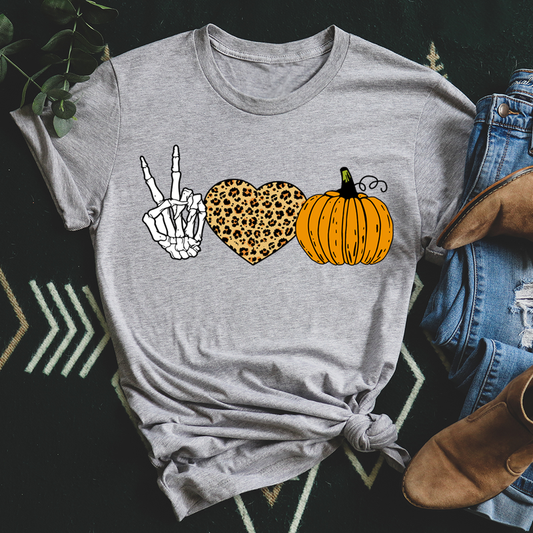 Peace Love Halloween Graphic Tee (Leopard Heart + Pumpkin Shirt)