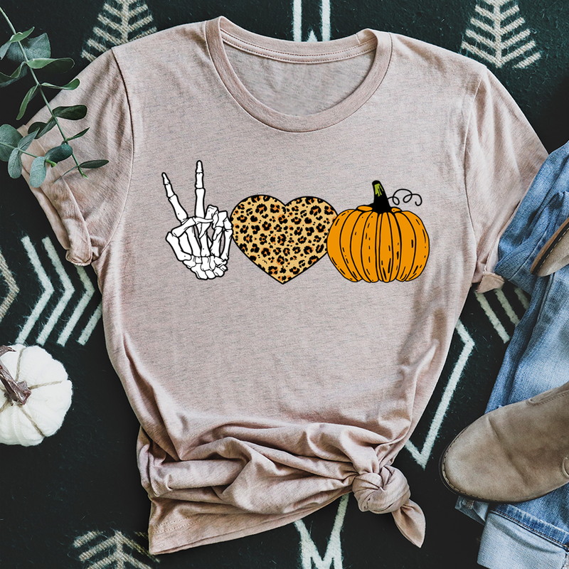 Peace Love Halloween Graphic Tee (Leopard Heart + Pumpkin Shirt)
