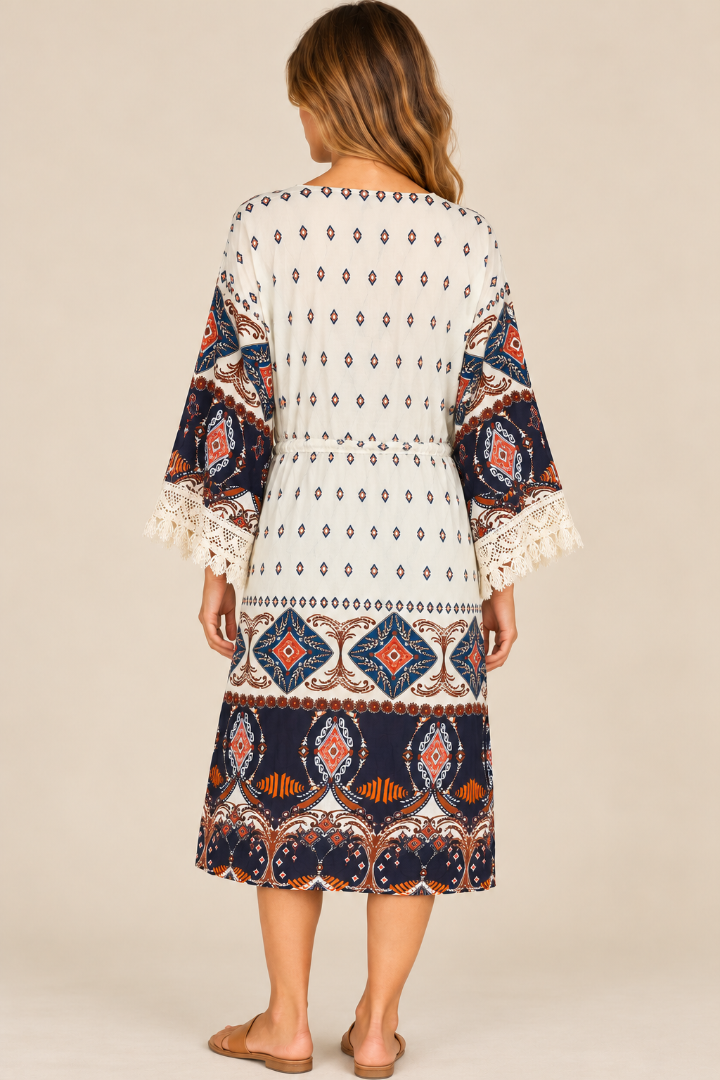 Entro Boho Printed Kimono – Ivory, Navy & Rust – Size S