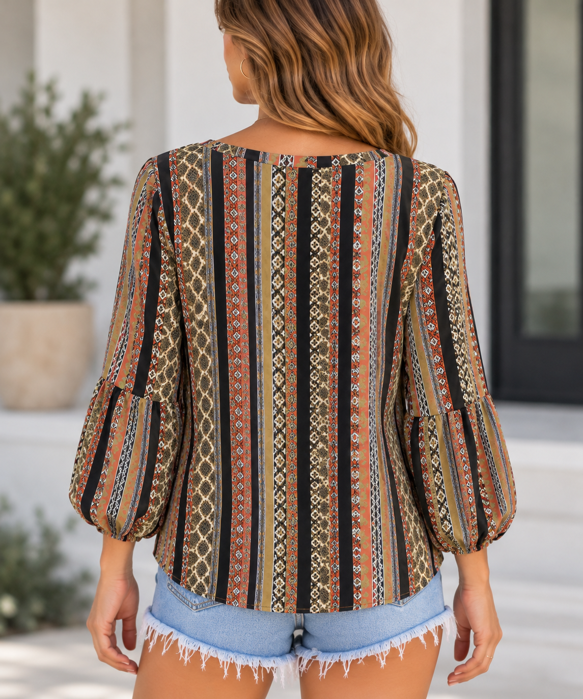 Umgee Rust & Olive Geometric Stripe Balloon Sleeve Blouse – Size M