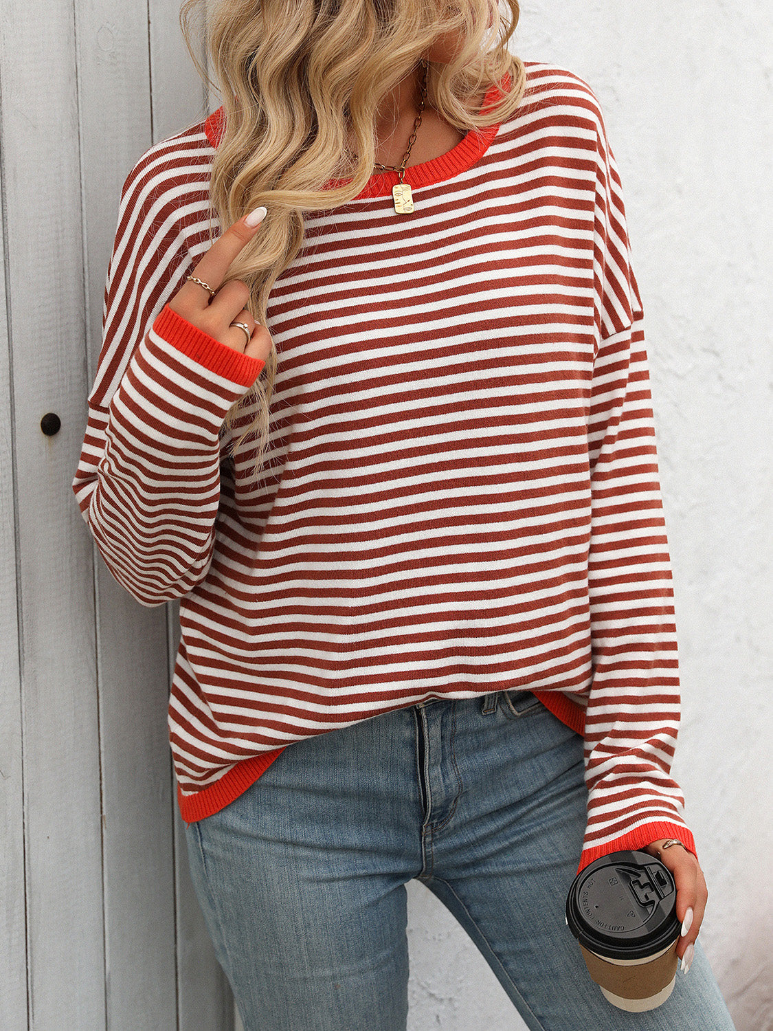 Striped Casual Knit Sweater with Red Trim