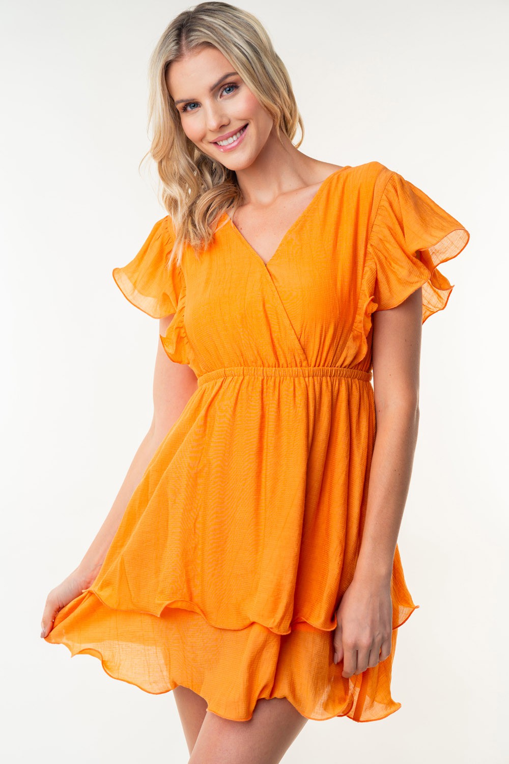 Bright Orange Ruffle Sleeve Mini Dress – Radiate Summer Vibes