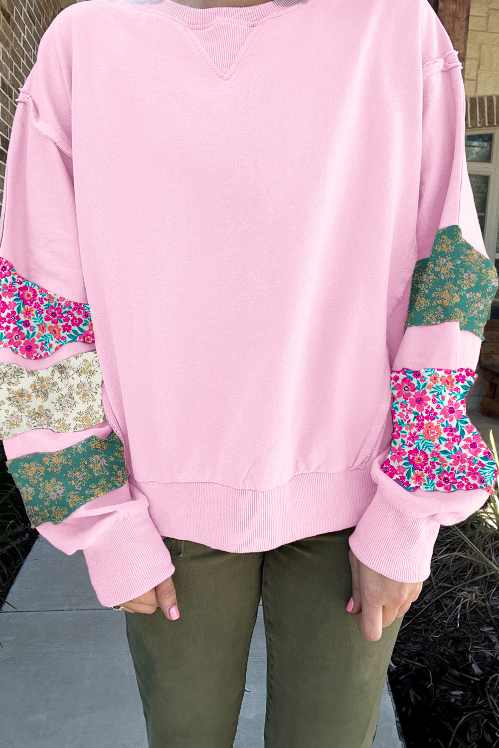 Pink Floral Patchwork Sweatshirt – Cute Spring Casual Pullover for Women