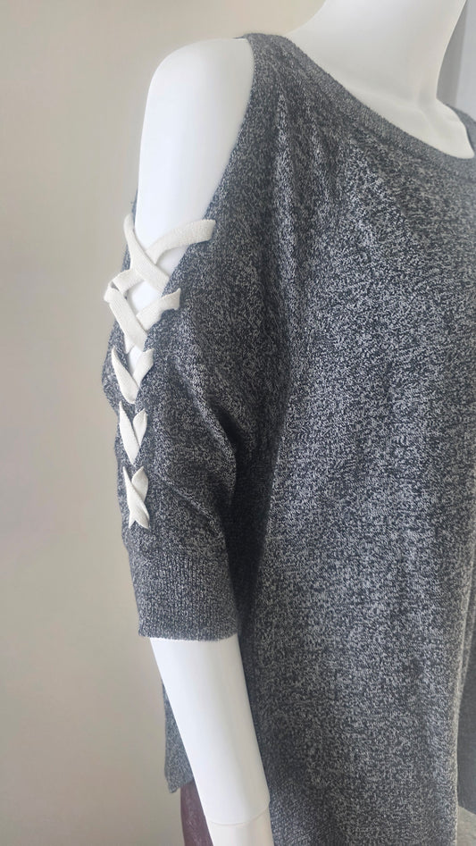 Express Gray Marled Cold Shoulder Lace-Up Sweater – Size L