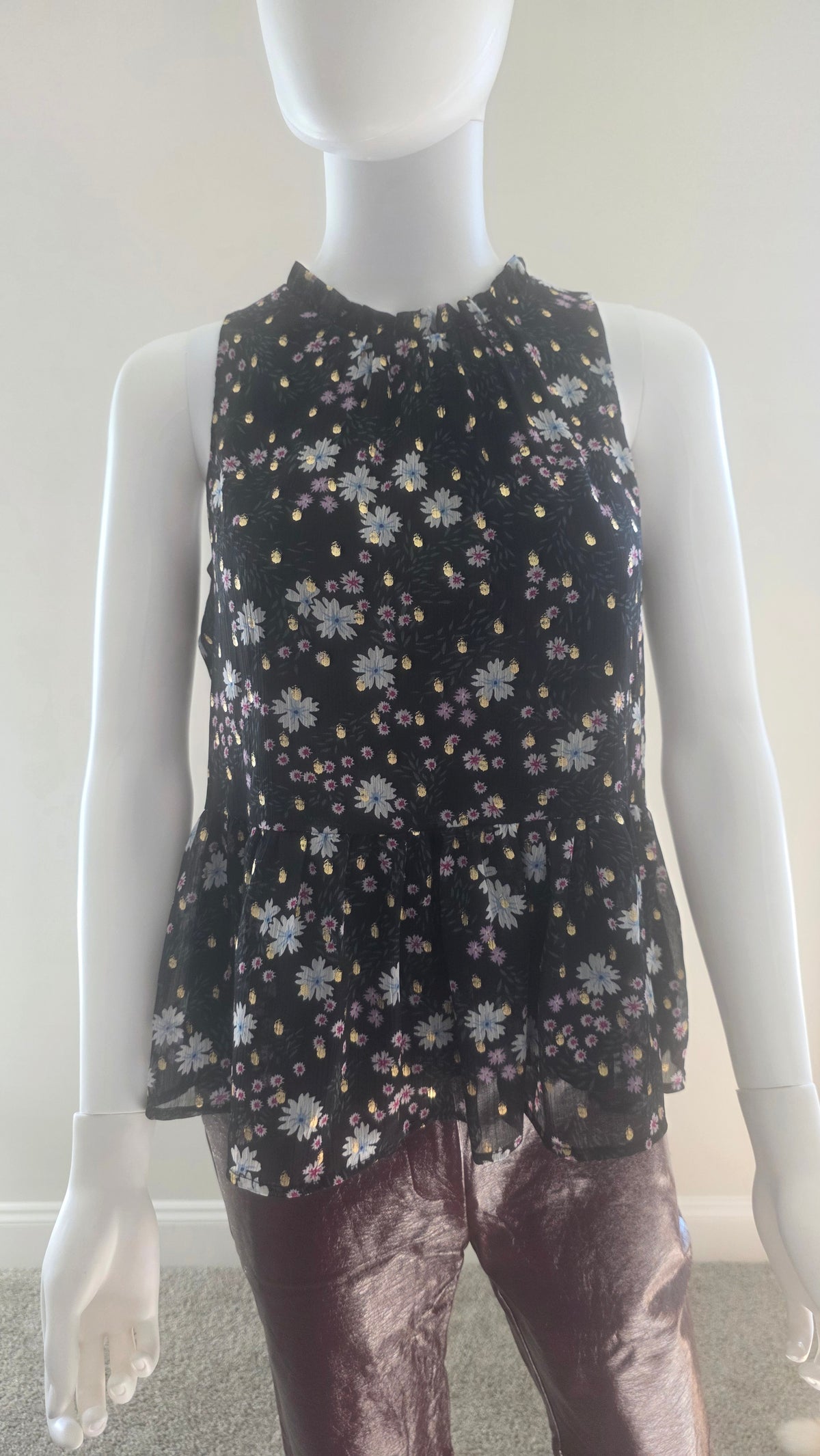 Ann Taylor Black Floral High-Neck Peplum Blouse – Size S NWT