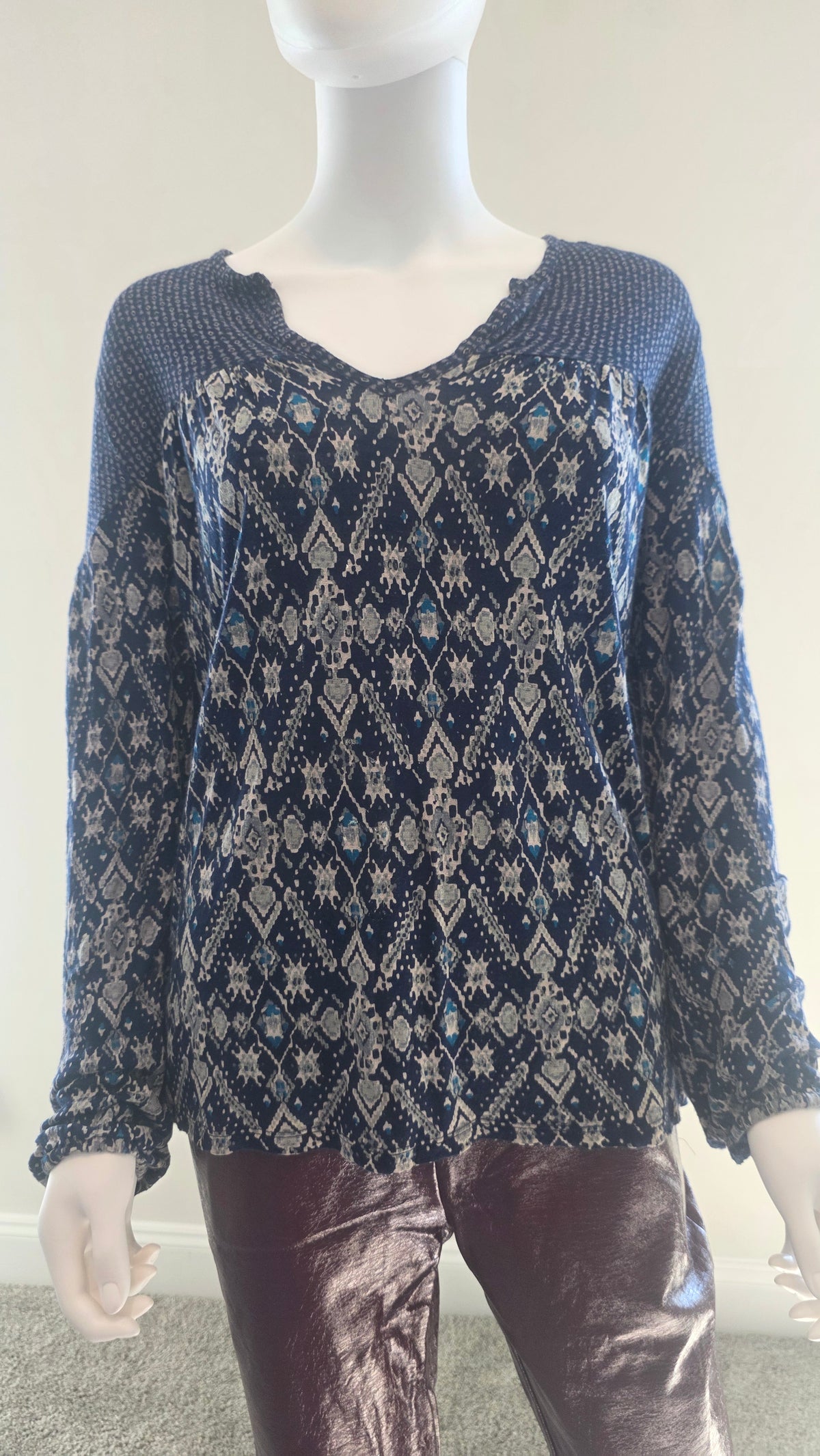 Lucky Brand Navy Geometric Print Boho Blouse – Size L
