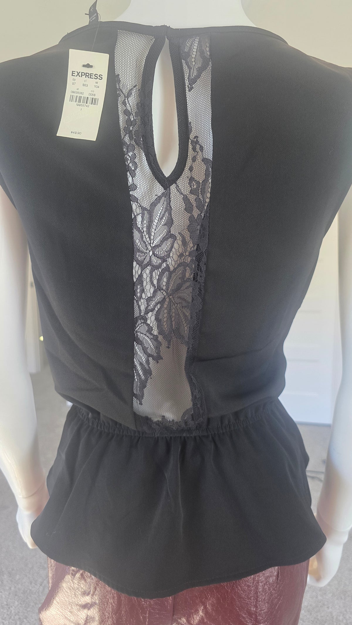 Express Black Lace-Back Wrap Peplum Top – Size L NWT