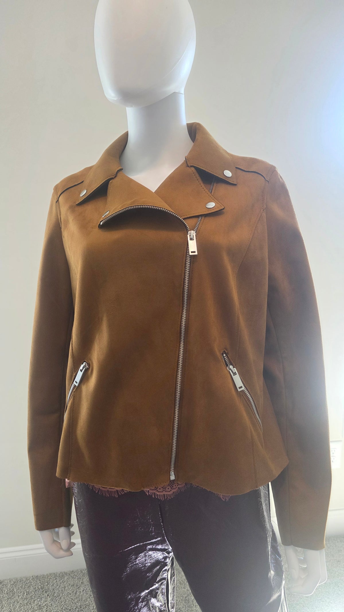 H&M Cognac Brown Faux Suede Moto Jacket – Size 12 NWT
