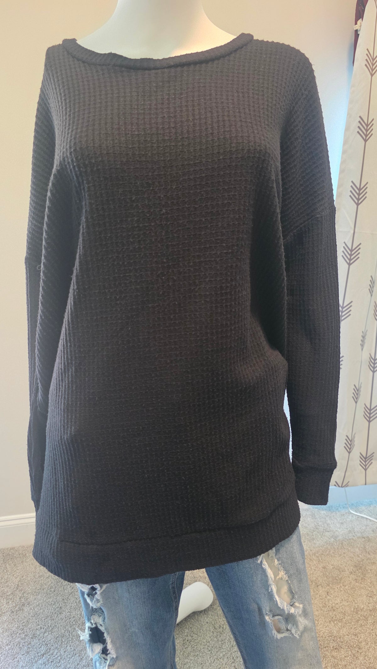 Zenana Black Waffle Knit Long Sleeve Top – Size L