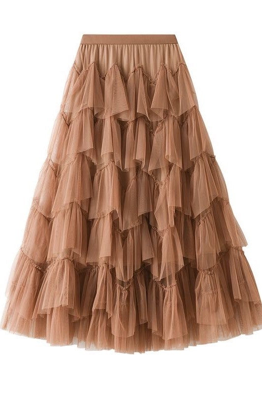 Tiered Tulle Maxi Skirt (Ruffle Layers | Cream/Light Brown/Purple)