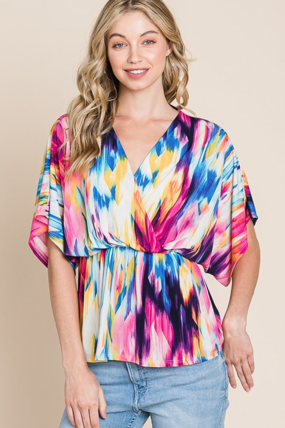 Vibrant Multi-Color V-Neck Blouse – Bold & Beautiful Style
