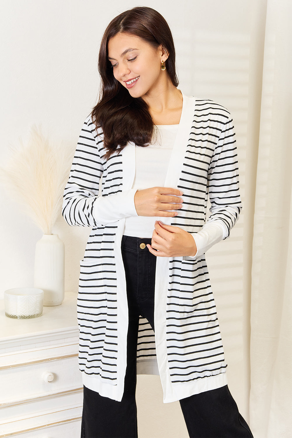 Striped Open-Front Cardigan with Pockets - Classic Black & White