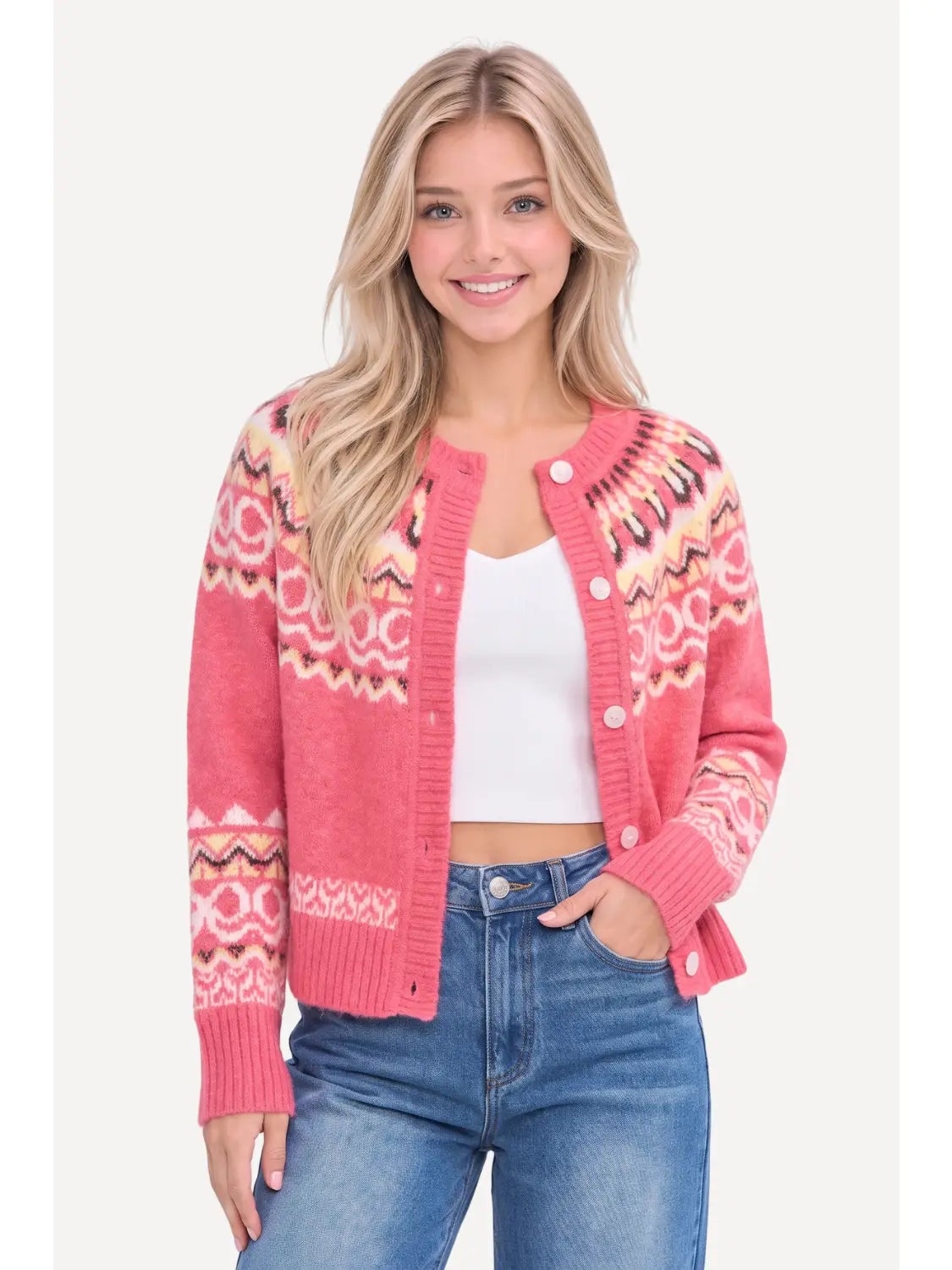 Camellia Pink Fair Isle Knit Cardigan | Saturday Luxe Lunch