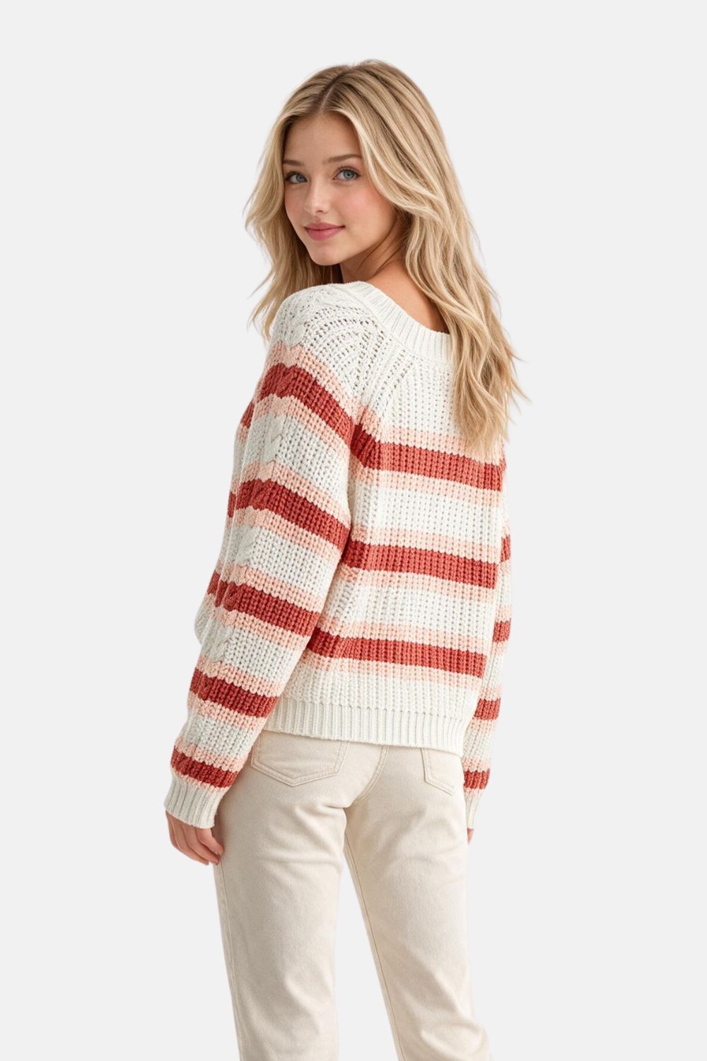 Camellia Ivory & Rust Striped Cable-Knit Sweater | Saturday Luxe Lunch