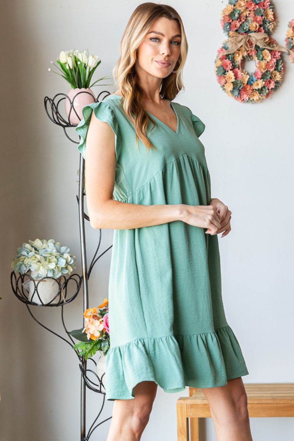 Breezy Green Ruffle Sleeve Dress – Perfect for Every Occasion