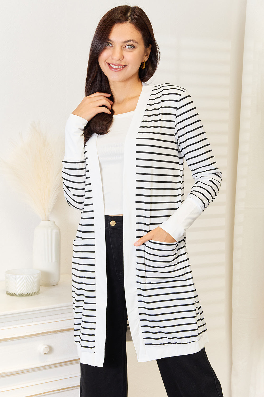 Striped Open-Front Cardigan with Pockets - Classic Black & White