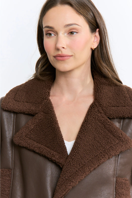 Camellia Luxe Faux Leather & Sherpa Jacket | Chocolate Brown