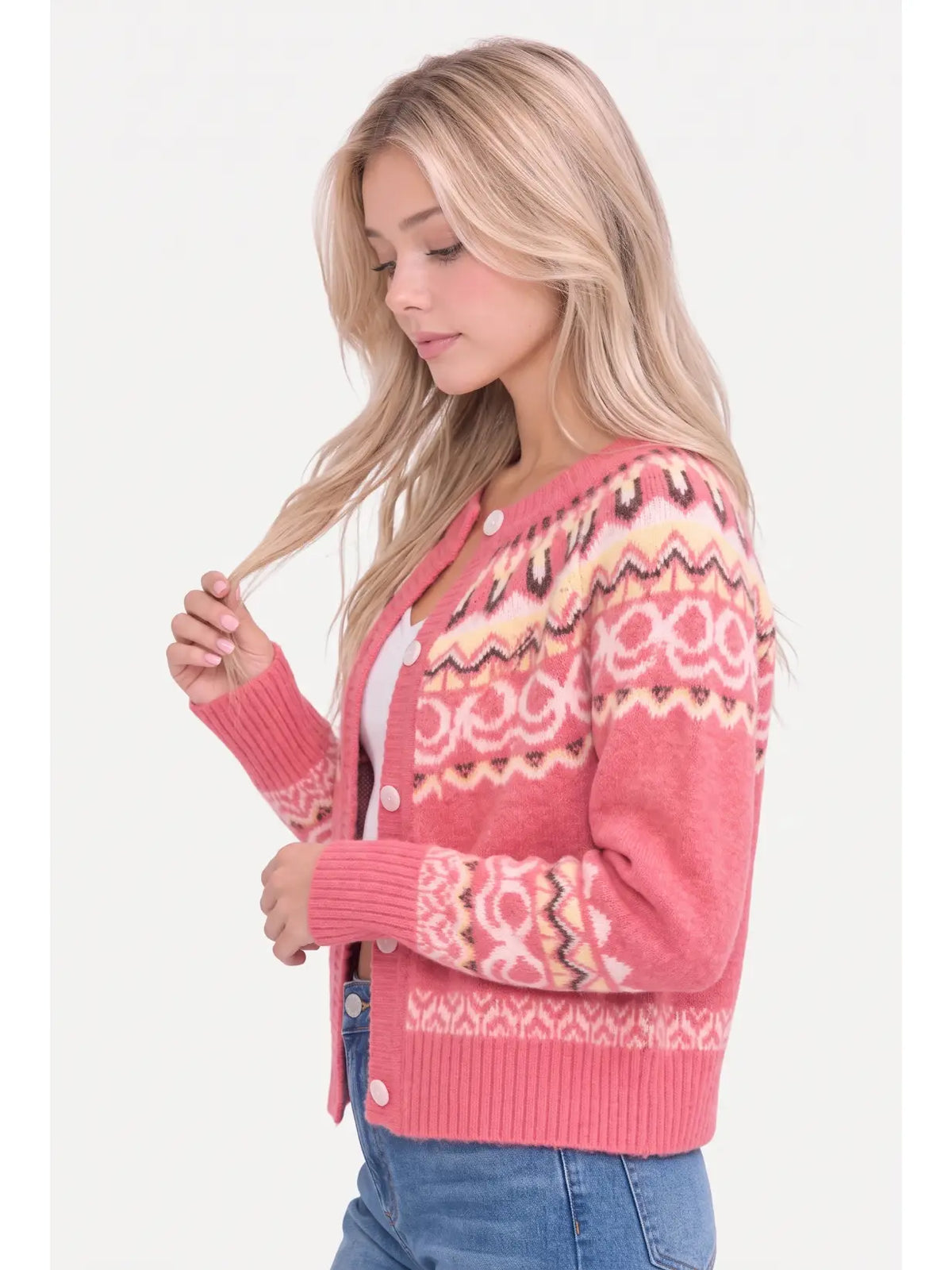 Camellia Pink Fair Isle Knit Cardigan | Saturday Luxe Lunch