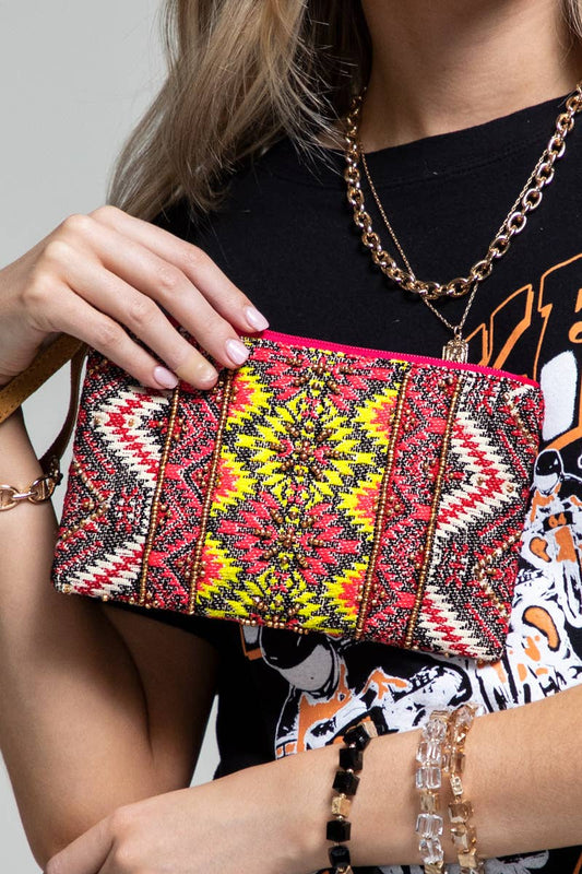 Beaded Tribal Wristlet Clutch (Colorful Zip Pouch)