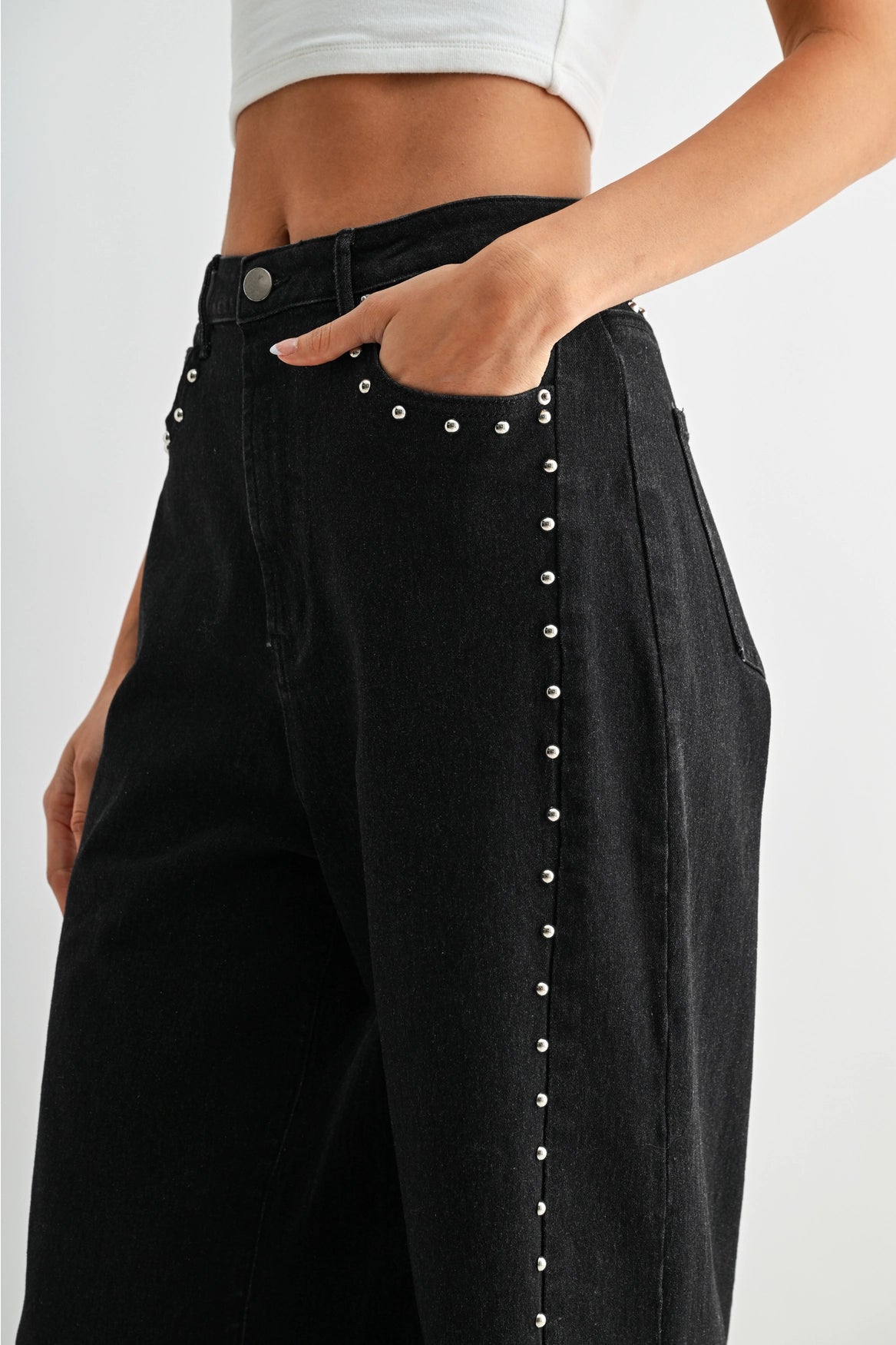 Camellia Black Studded Wide-Leg Jeans | Frayed Hem