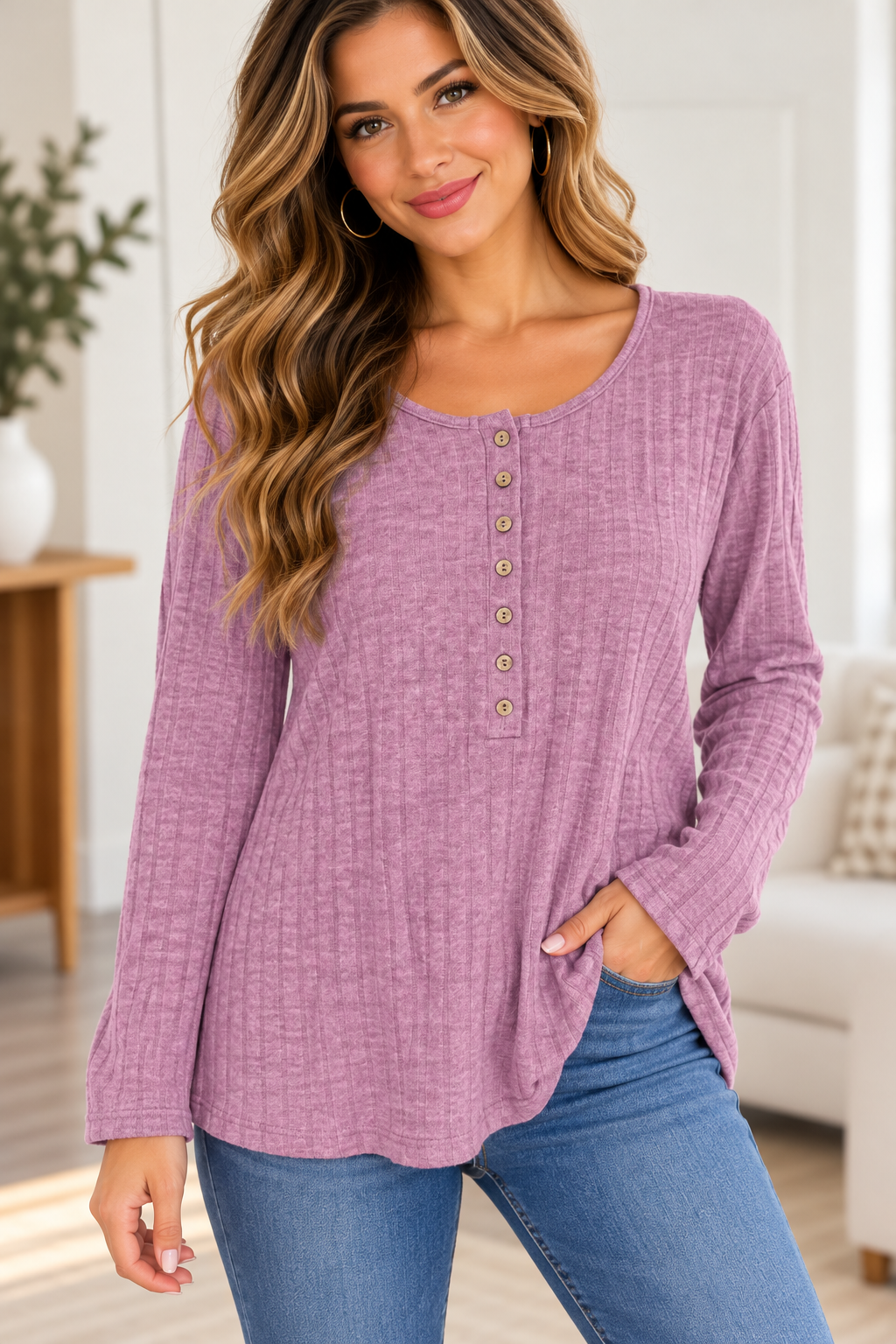 Zenana Mauve Ribbed Henley Long Sleeve Top – Size L