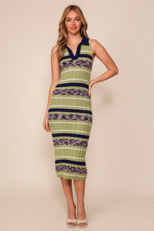 Striped Sweater Polo Midi Dress (Sleeveless Knit)