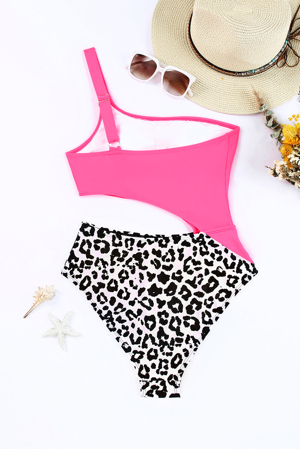 One-Shoulder Neon Pink & Leopard Print Swimsuit