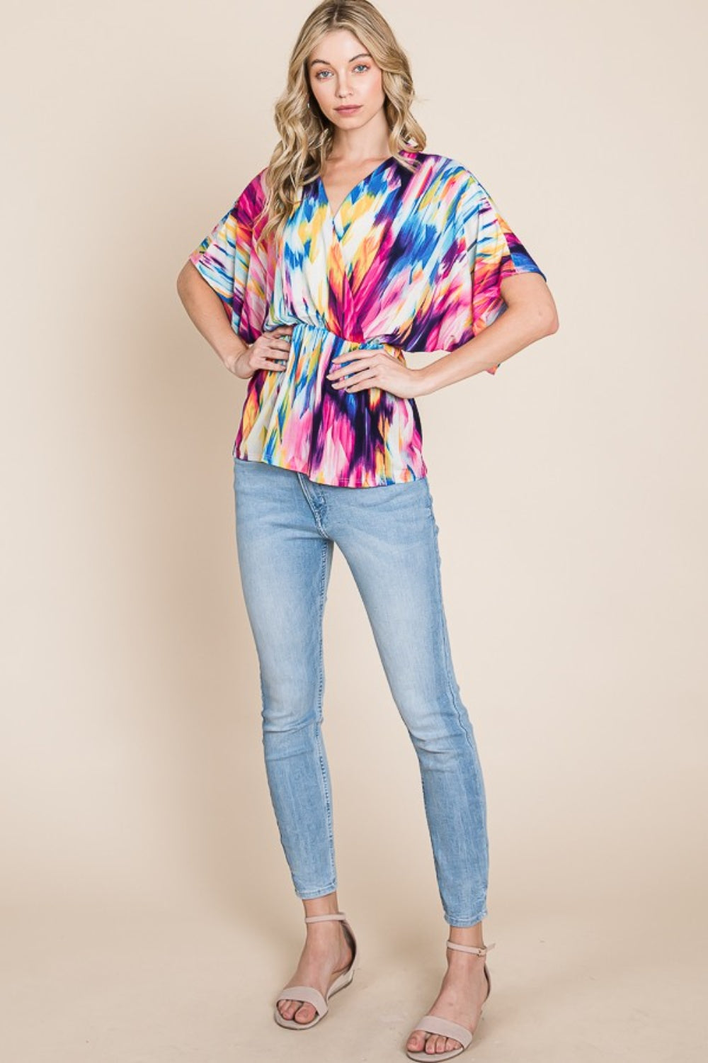 Vibrant Multi-Color V-Neck Blouse – Bold & Beautiful Style