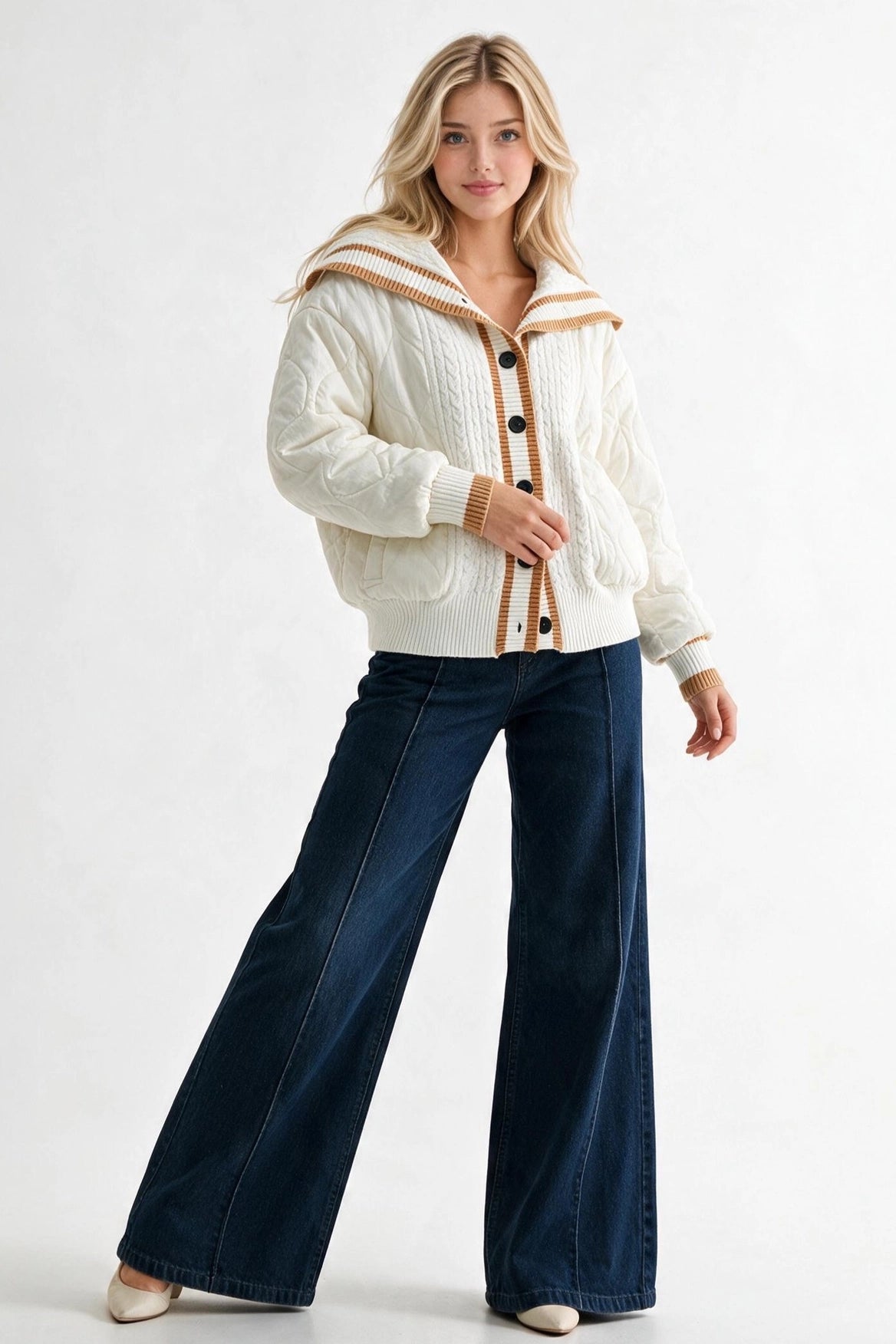 Camellia Luxe Quilted Cable-Knit Cardigan | Ivory & Camel