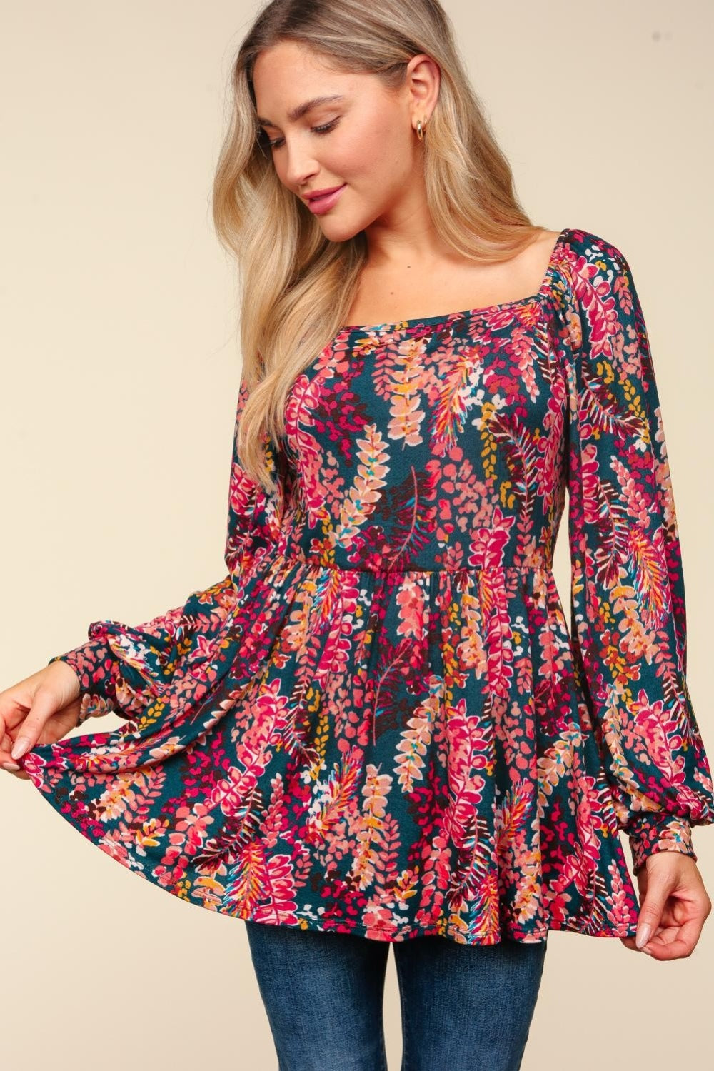 Floral Long-Sleeve Babydoll Blouse