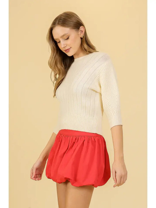 Ribbed 3/4 Sleeve Sweater Top (Lightweight Knit Pullover | Cream)