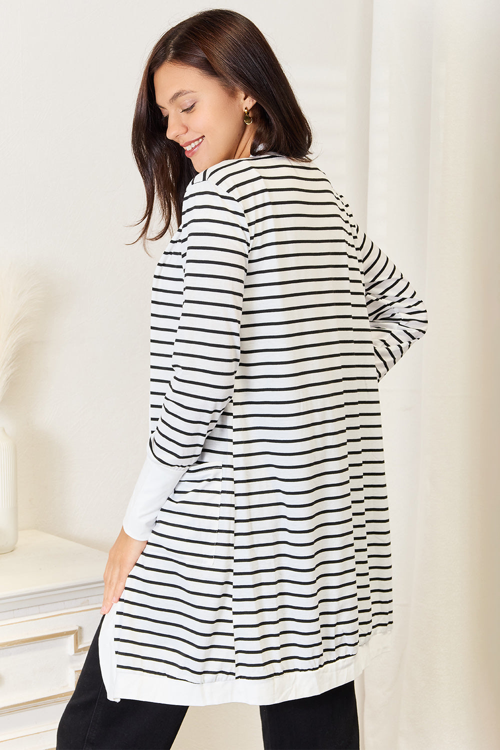 Striped Open-Front Cardigan with Pockets - Classic Black & White