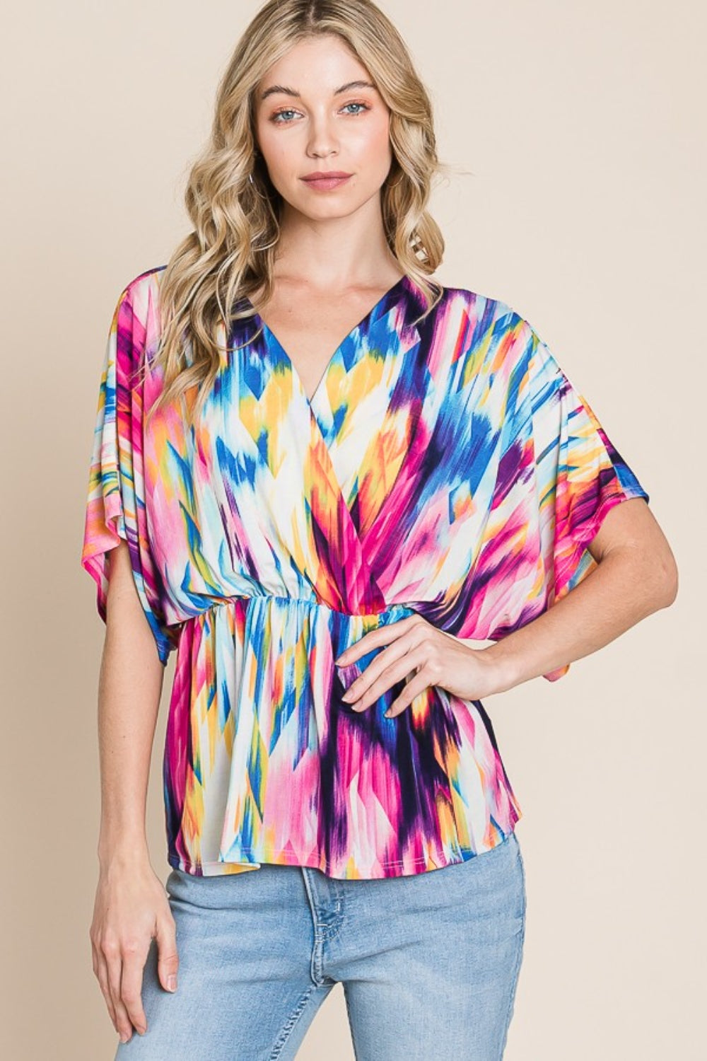 Vibrant Multi-Color V-Neck Blouse – Bold & Beautiful Style