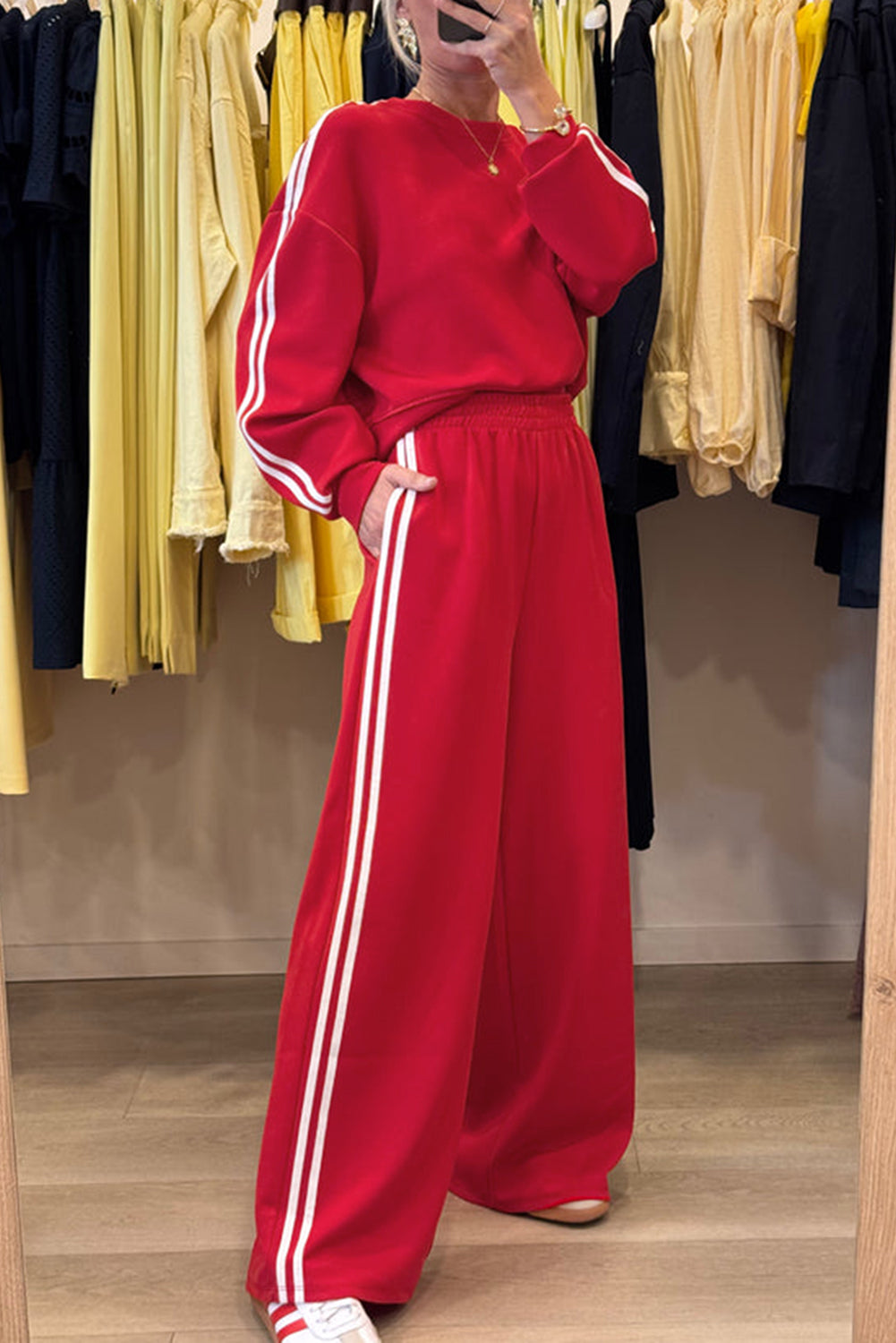 Red Two-Piece Lounge Set – Wide Leg Track Pants & Matching Crewneck Top