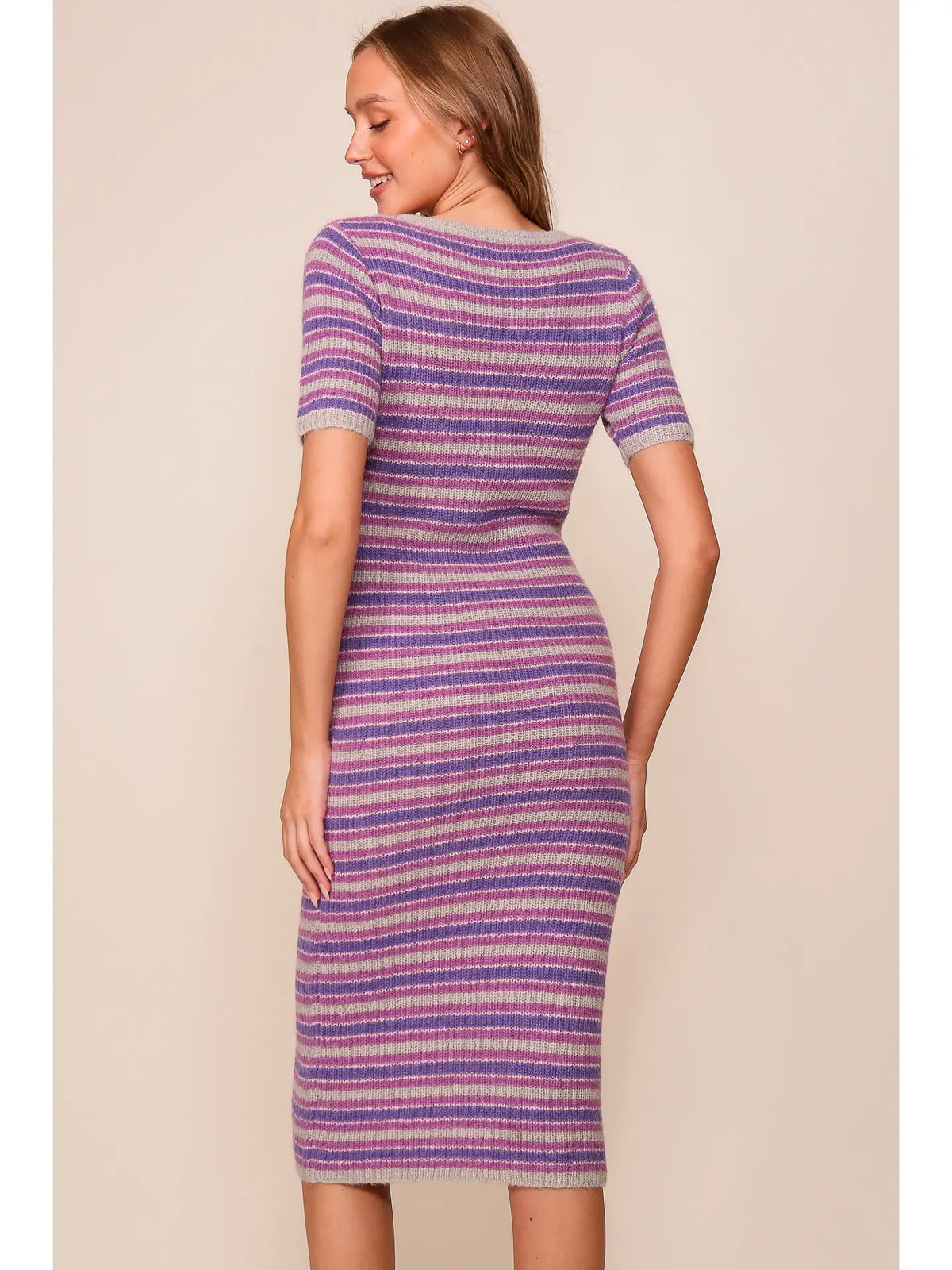Lumiere Purple Striped Ribbed Knit Midi Dress