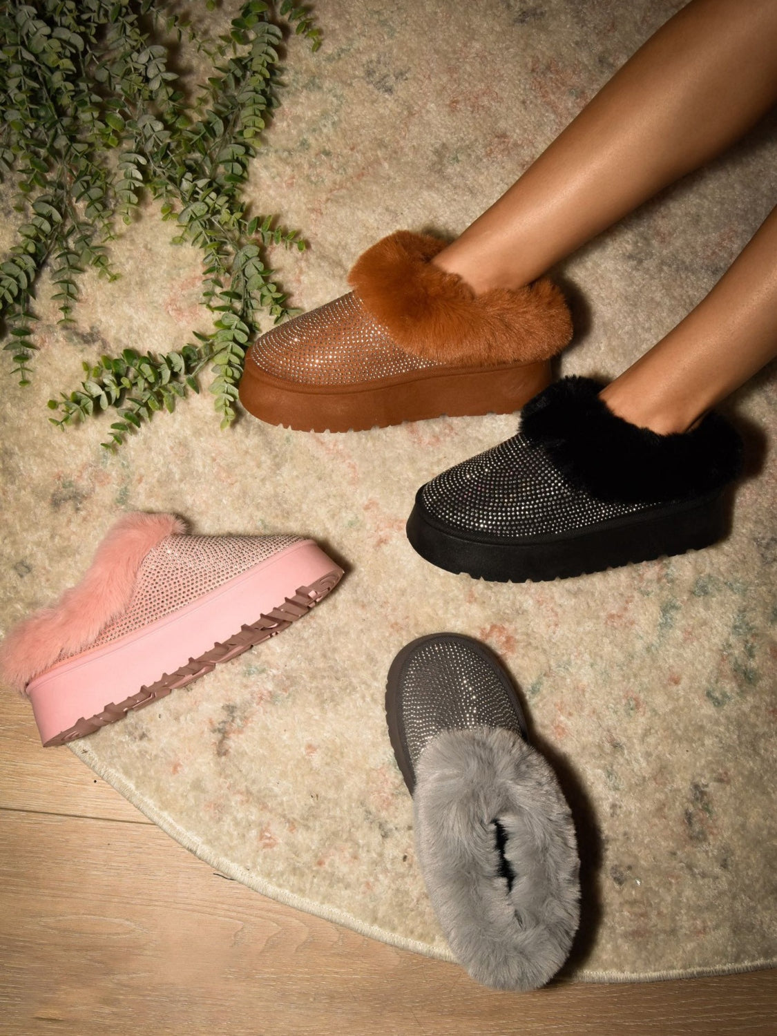 Luxe Rhinestone & Faux Fur Platform Slippers