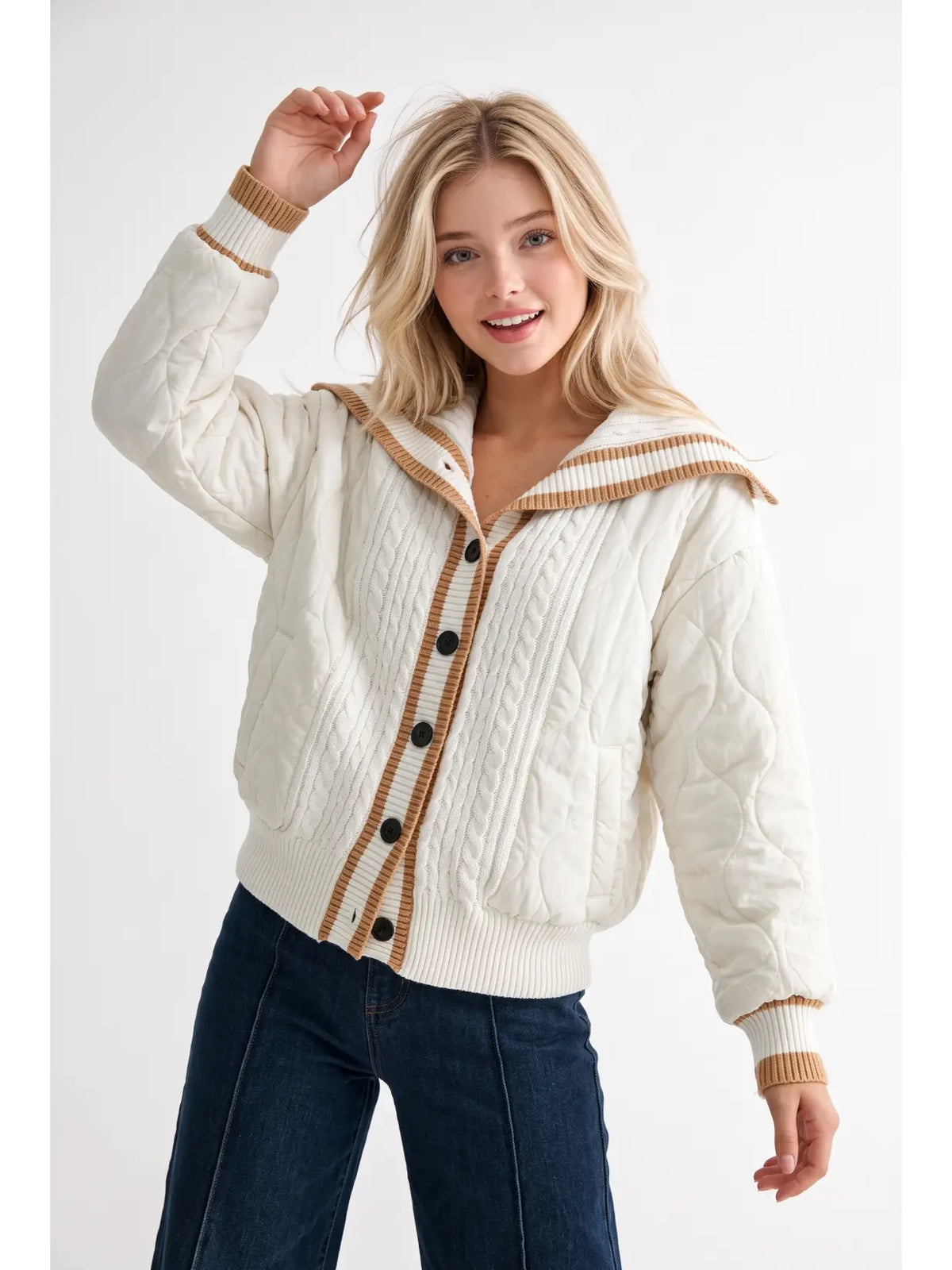 Camellia Luxe Quilted Cable-Knit Cardigan | Ivory & Camel