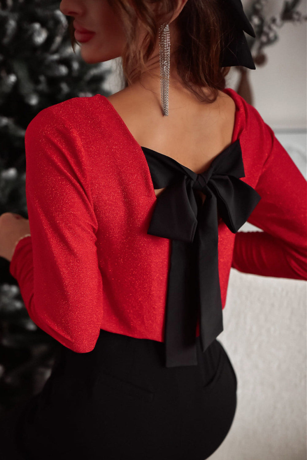 Red Glitter Top with Black Bow Back Detail