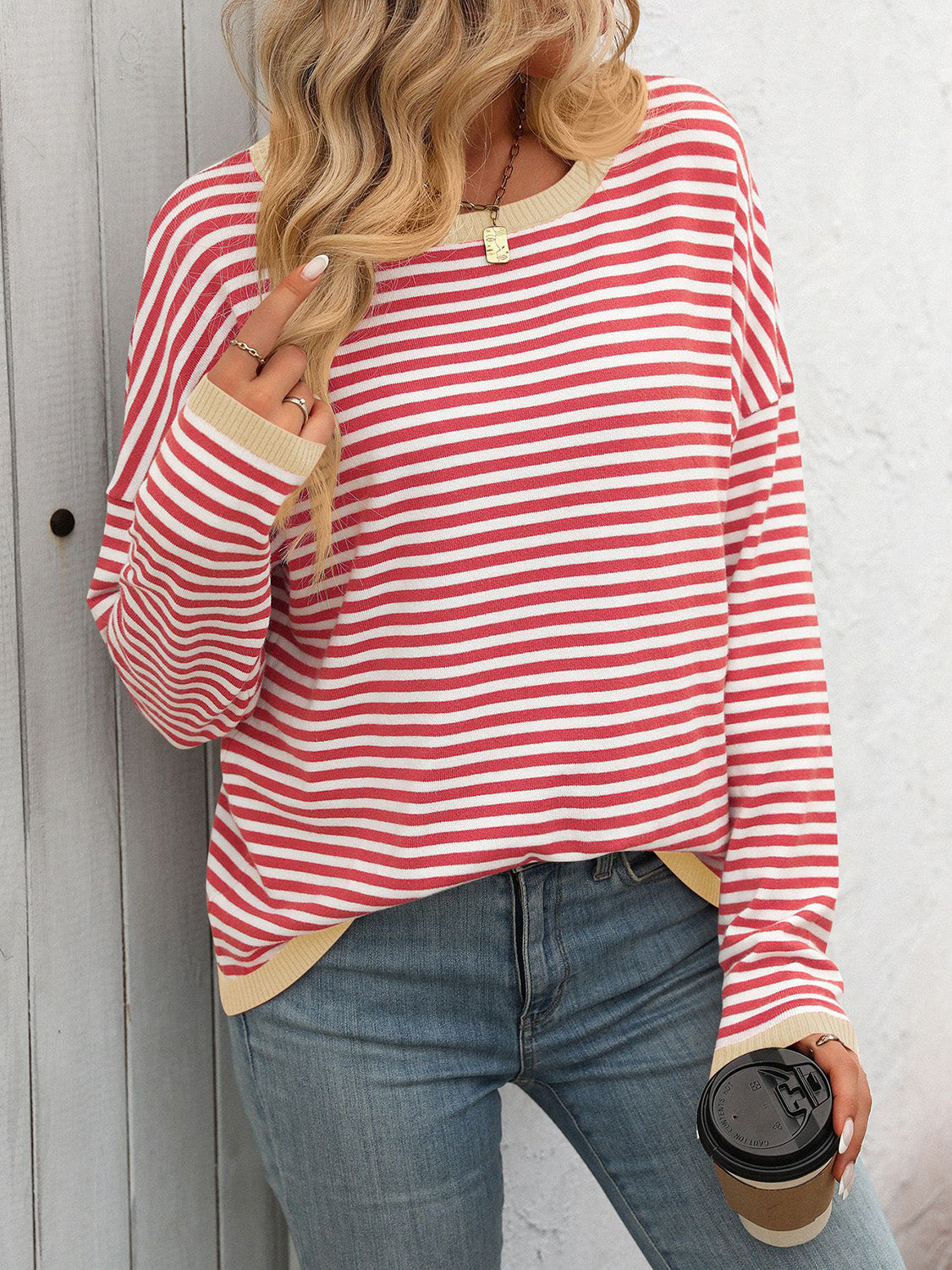 Striped Casual Knit Sweater with Red Trim