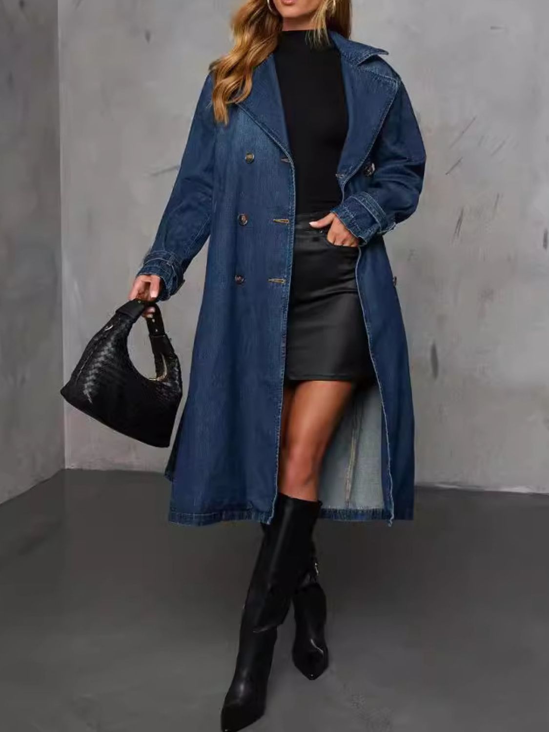 Longline Double-Breasted Denim Trench Coat